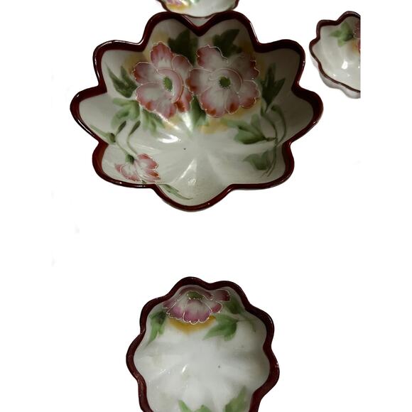 VTG Nippon Handpainted Pink Rose 7pc Nut 3 Leg Porcelain Bowl Set - Picture 2 of 5
